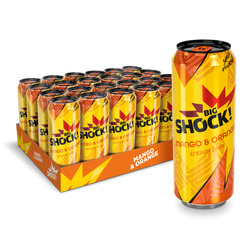 Karton plechovek energetických nápojů Big Shock! Mango-Orange v novém designu