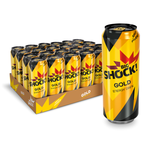 Karton plechovek energetických nápojů Big Shock! Gold v novém designu