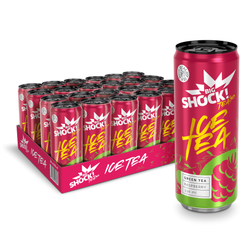 Karton plechovek nové řady ledových čajů Big Shock! Ice Tea Green Tea Raspberry