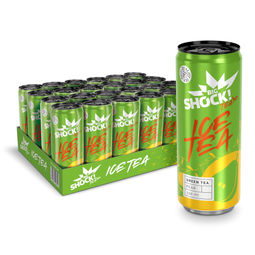 Karton plechovek nové řady ledových čajů Big Shock! Ice Tea Green Tea Pear