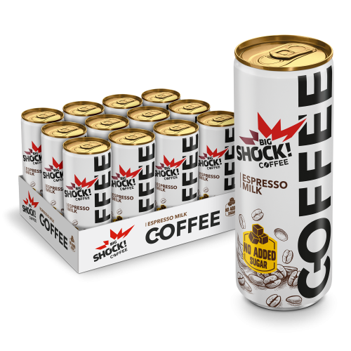 Karton 12 plechovek ledových káv bez přidaného cukru Big Shock! Coffee Espresso - No added sugar